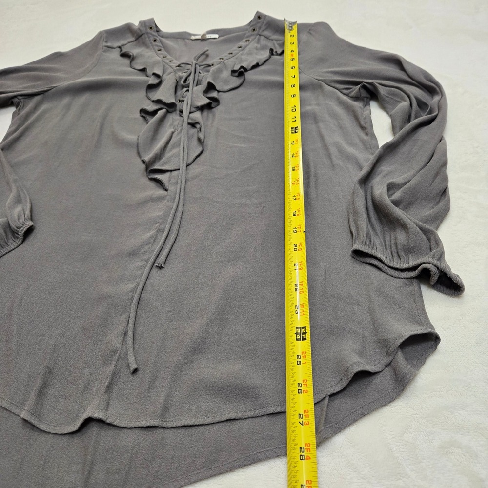 Pleione Gray Ruffle Lace Up V-Neck Blouse Long Sleeve High Low Top Large Peasant - Picture 4 of 12